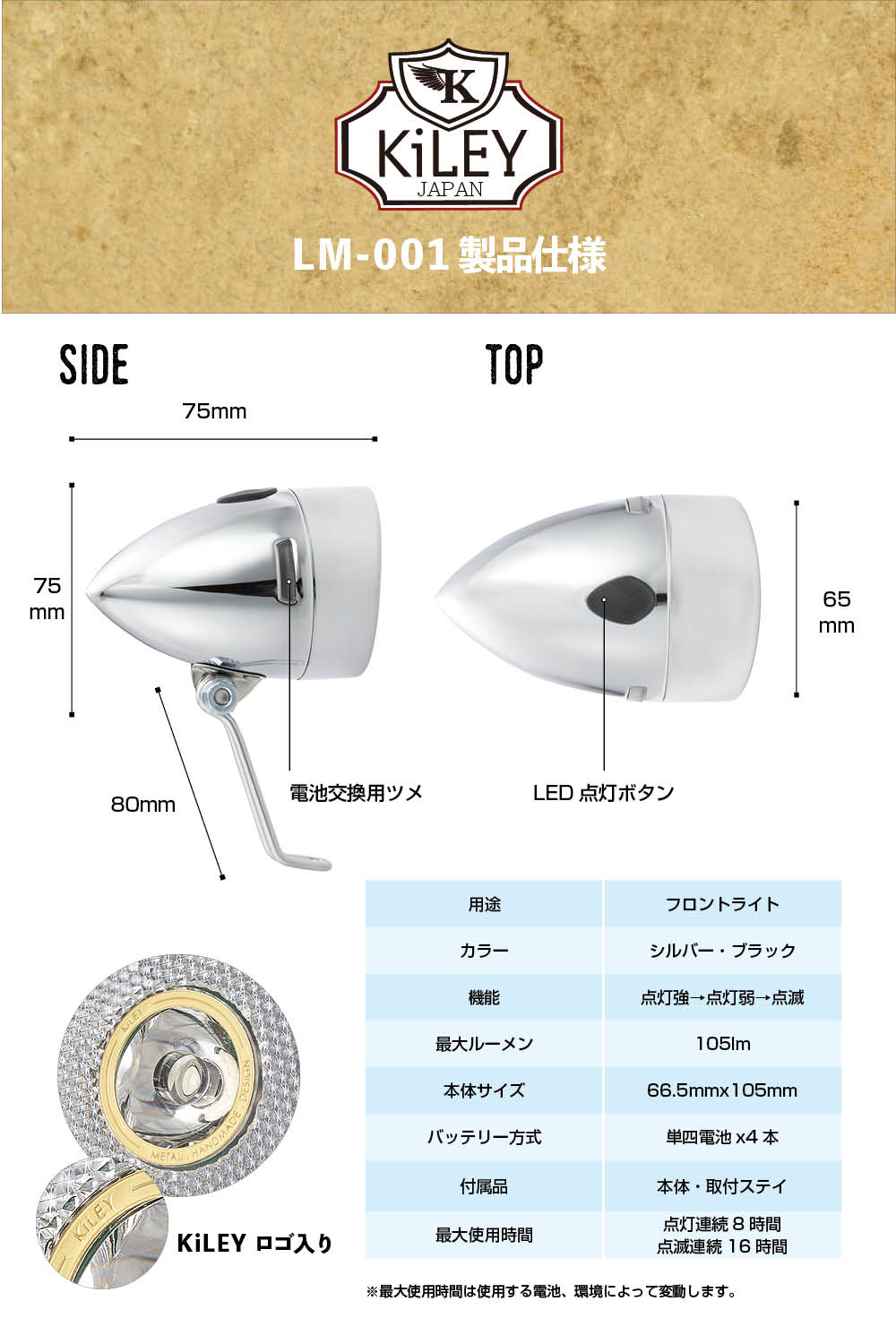 KiLEY(キーレイ)「砲弾ライト」 フロント用 LED LM-001